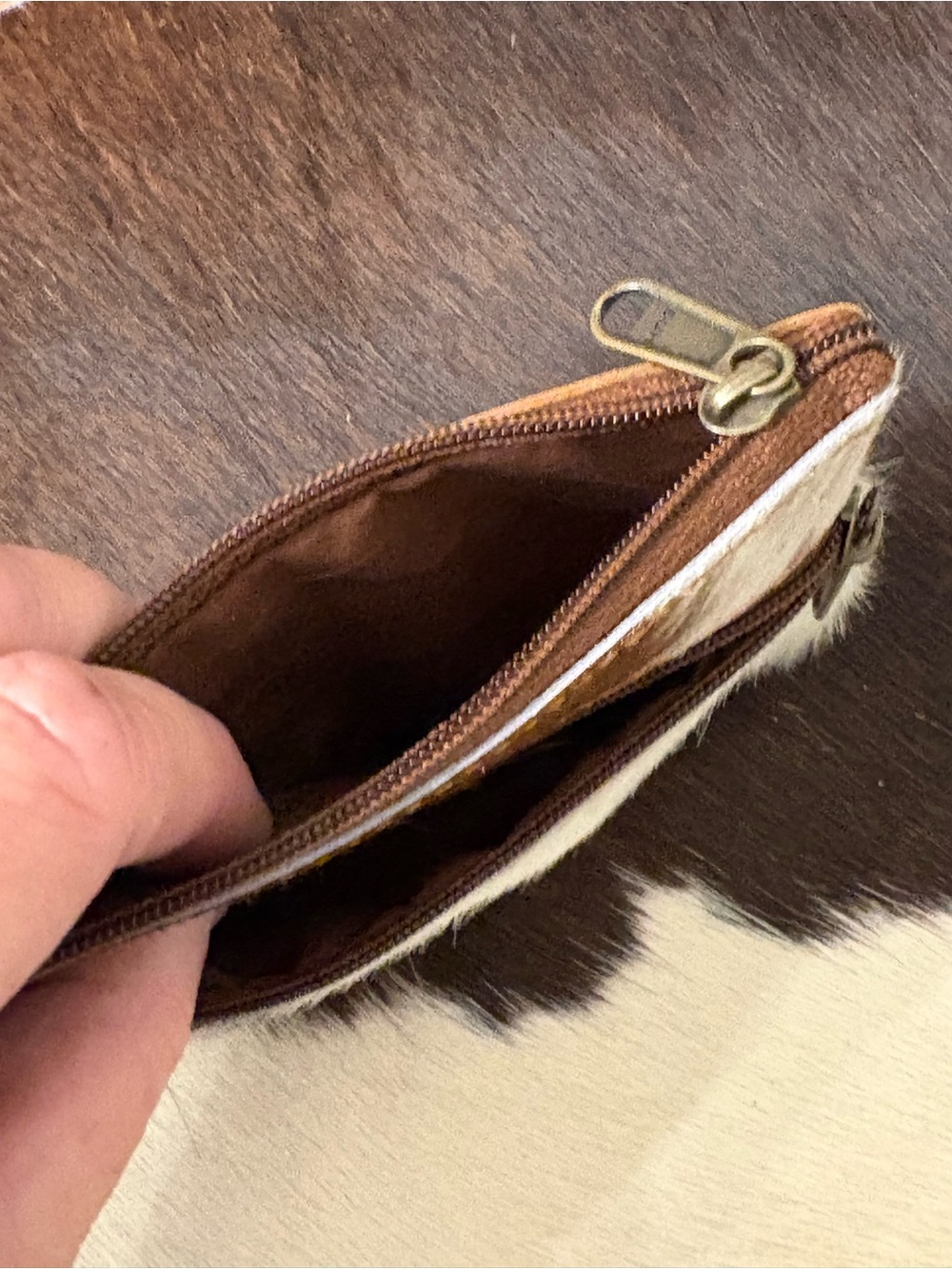 Cowhide Zip Coin Pouch in Brown and White - Picture 3 of 3